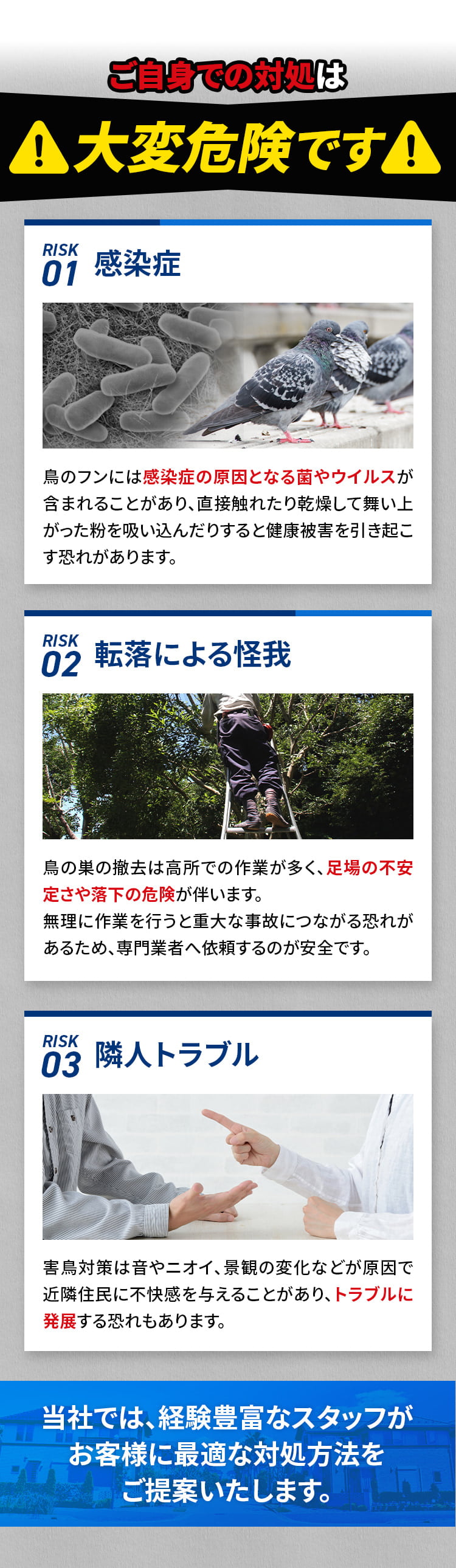 ご自身での対処は大変危険です リスク01 感染症 鳥のフンには感染症の原因となる菌やウイルスが含まれることがあり、直接触れたり乾燥して舞い上がった粉を吸い込んだりすると健康被害を引き起こす恐れがあります。リスク02 転落による怪我 鳥の巣の撤去は高所での作業が多く、足場の不安定さや落下の危険が伴います。無理に作業を行うと重大な事故につながる恐れがあるため、専門業者へ依頼するのが安全です。リスク03 隣人トラブル 害鳥対策は音やニオイ、景観の変化などが原因で近隣住民に不快感を与えることがあり、トラブルに発展する恐れもあります。当社では、経験豊富なスタッフがお客様に最適な対処方法をご提案いたします。